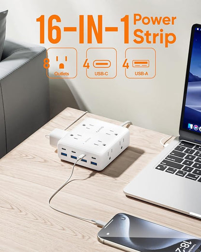 Olcorife Power Strip 8 AC with 8 USB Ports, 10 FT Flat Plug Extension Cord - Image 2