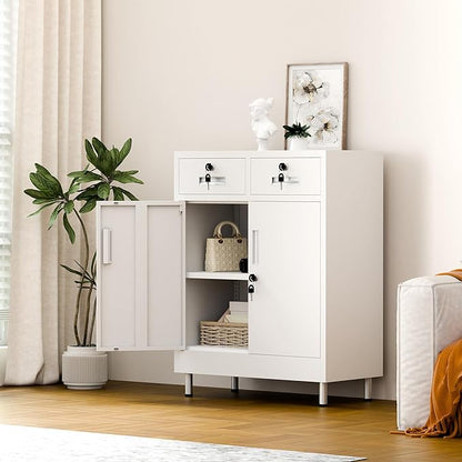 Metal Storage Cabinet with Locking Doors and 2 Drawers, Lockable Storage - Image 8