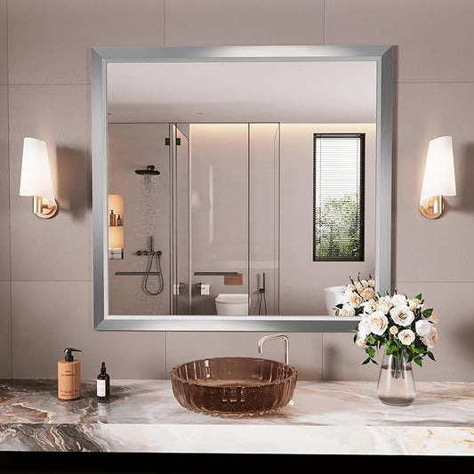 Amorho Bathroom Mirror, 40x38 Inch Silver Thick Metal Framed Wall Mirrors by Amorho
