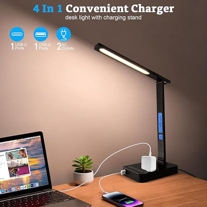 snsok Smart Desk Lamp with Dual USB Charging & 2 AC Outlets, Digital Clock - Image 3