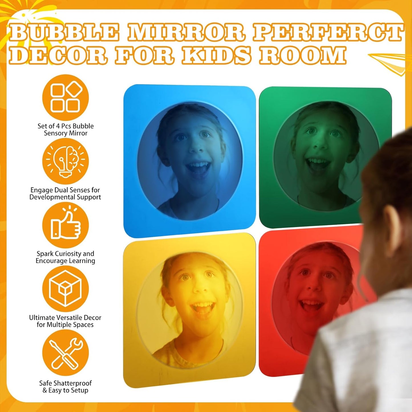 4 Pcs Sensory Wall Mirror, Acrylic Bubble Mirror Christmas Wall Decoration for Sensory Room or Science Classroom, Visual Tactile Stimulation and Curiosity Inspiration