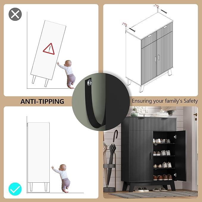 Shoe Cabinet Storage for Entryway, 4 Tier Fluted Shoe Storage Cabinet - Image 6