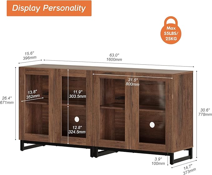 WAMPAT 63 Inch TV Stand with Glass Doors - Image 2