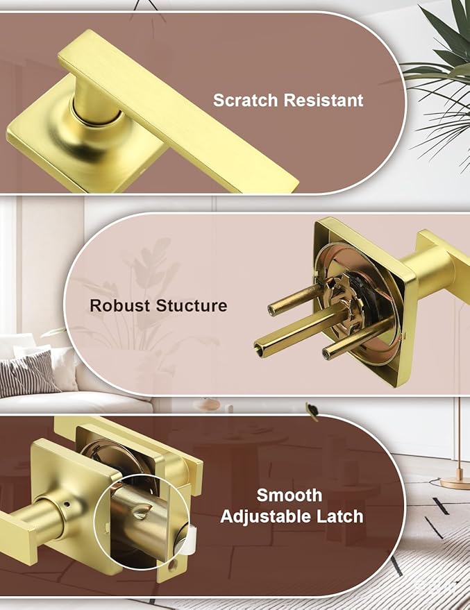 Mengico 2 Pack Passage Door Levers Gold Finish, No-Locking Keyless Square Door - Image 2