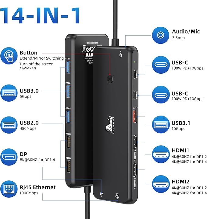 LIONWEI USB C Docking Station Dual Monitor 13 in 1 USB C Hub, Triple Display - Image 2