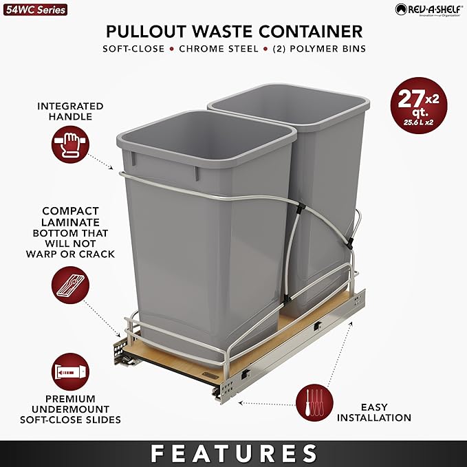 Rev-A-Shelf Steel Bottom Mount Double 27 Quart 6.75 Gallon Waste Bin Trash - Image 3