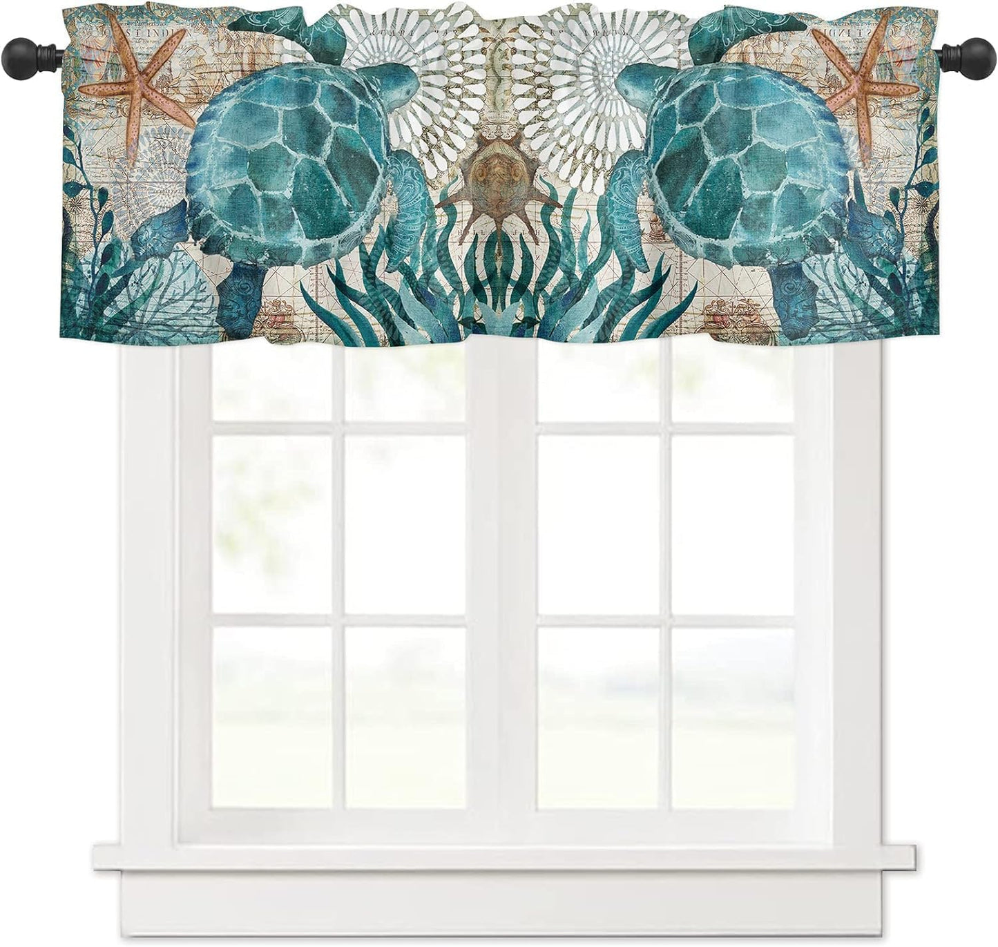 Nautical Turtle Curtains Valances for Bedroom Living Room,Starfish Curtains valance & Drapes Rod Pocket ,Seaweed Nautical Map Texture Valances for Kitchen Windows Curtain Over Sink 54x18in,1 Panel