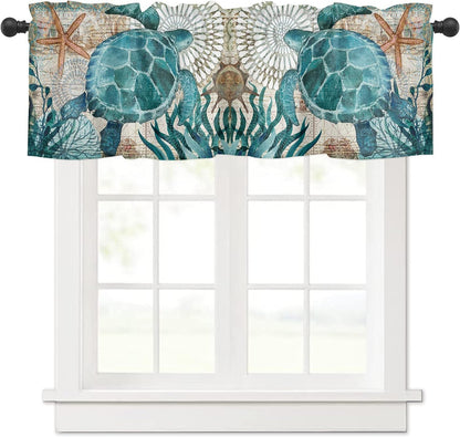 Nautical Turtle Curtains Valances for Bedroom Living Room,Starfish Curtains valance & Drapes Rod Pocket ,Seaweed Nautical Map Texture Valances for Kitchen Windows Curtain Over Sink 54x18in,1 Panel