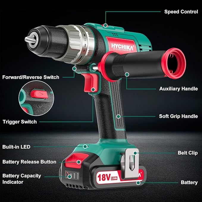 Cordless Hammer Drill Driver 18V, HYCHIKA 400 In-lbs Torque Power Drill - Image 3