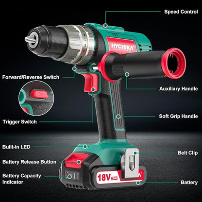 Cordless Hammer Drill Driver 18V, HYCHIKA 400 In-lbs Torque Power Drill - Image 3