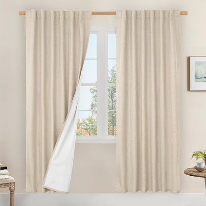 LAMIT 100% Blackout Natural Linen Curtains, 80 Inches Linen Textured Thermal by LAMIT