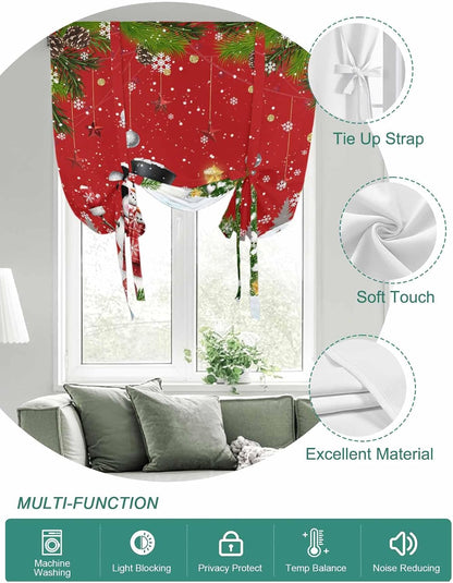 Christmas Snowman Reindeer Pine Tree Bell Tie Up Curtains for Windows, Cartoon Style Rod Pocket Window Shade Adjustable Balloon Curtain Valance for Bedroom Kitchen Bathroom Blinds 34x45in