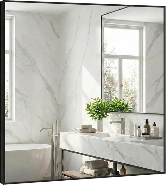 36''x36'' Large Black Square Mirror, Matte Metal Framed Bathroom Vanity Mirror by Pocetry