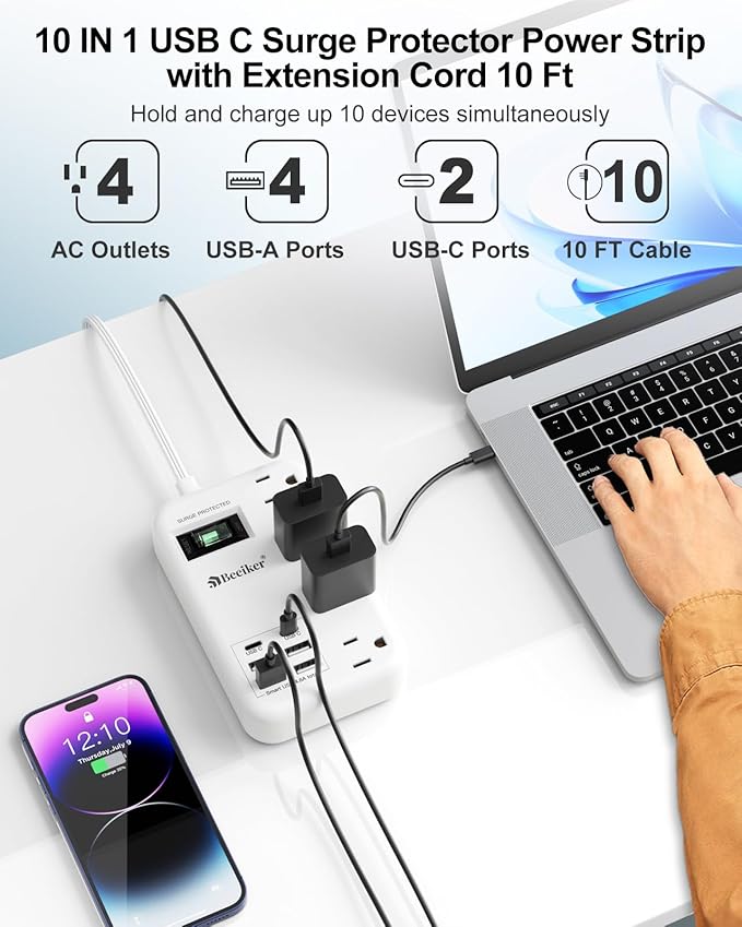 Beeiker 6 USB Surge Protector Power Strip- 10 Ft Extension Cord - Image 4