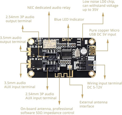 DROK Blue~Tooth Board, 12V Audio Receiver Blue~Tooth Module DC 5V-12V Portable - Image 2