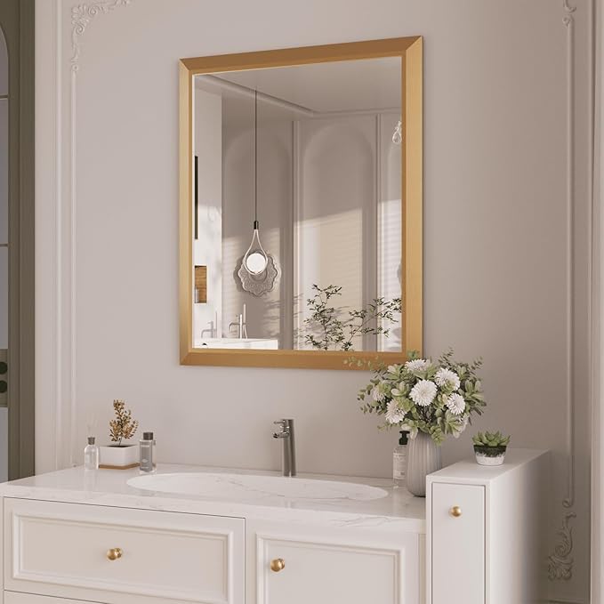 Amorho Bathroom Mirror, 28x36 Inch Golden Thick Metal Framed Wall Mirrors by Amorho