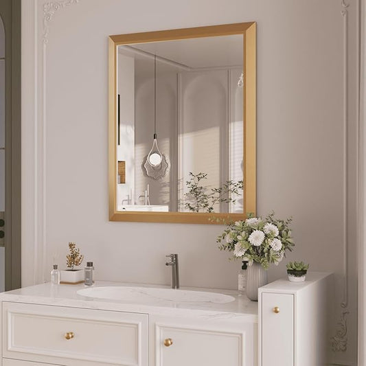 Amorho Bathroom Mirror, 28x36 Inch Golden Thick Metal Framed Wall Mirrors by Amorho