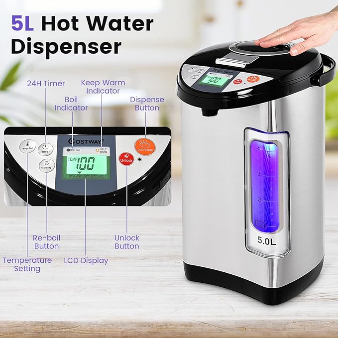 COSTWAY Instant Electric Hot Water Boiler and Warmer, 5-Liter LCD Water Pot - Image 4
