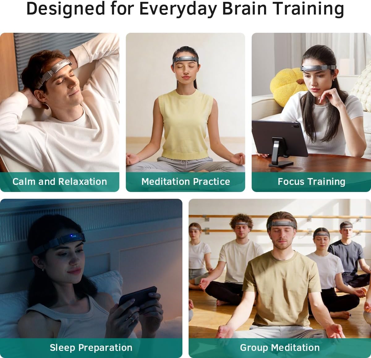 eeg neurofeedback headband for meditation & brainwave monitoring, front angle view