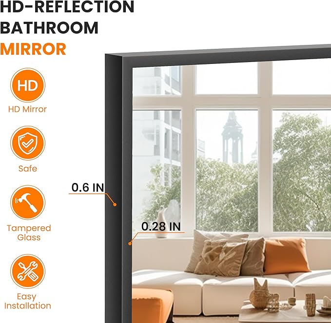 Bathroom Vanity Mirror for Wall, HD Shatterproof Glass, Hangs Horizontally or - Image 3