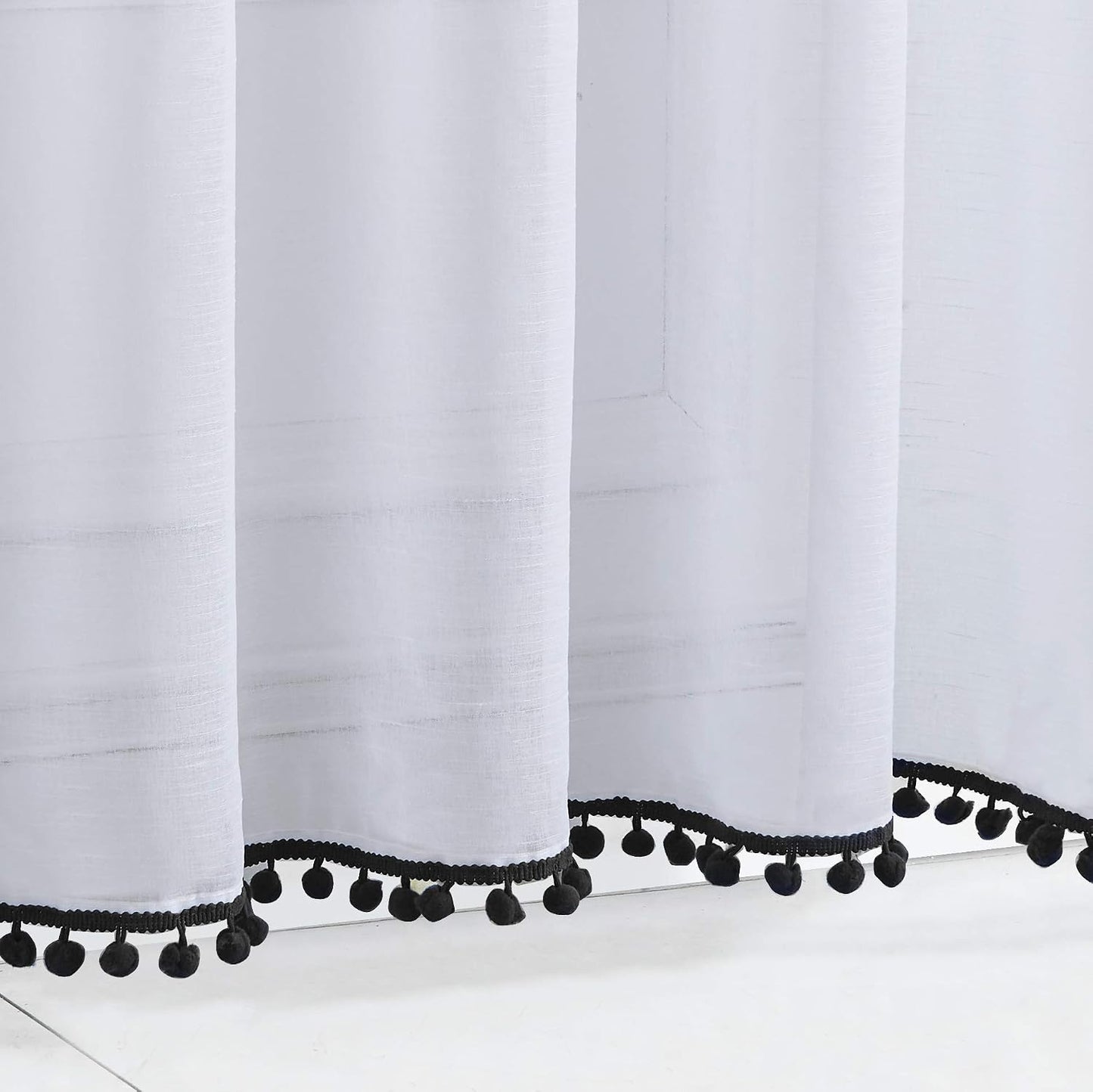 Treatmentex Black and White Sheer Curtains for Living Room 95" Long Linen Curtain Draperies for Nursery Room Decorative Pompom Voiles 2 Panels