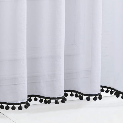 Treatmentex Black and White Sheer Curtains for Living Room 95" Long Linen Curtain Draperies for Nursery Room Decorative Pompom Voiles 2 Panels