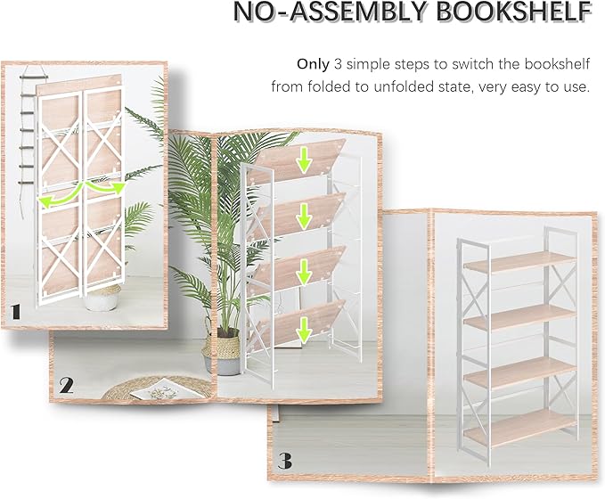 4NM 4 Tiers No Assembly Book Shelves, 41.3" H Folding Bookshelf Bookcase Open - Image 6