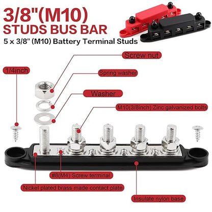 Tuijodaix 300A Bus Bar 5 Post 12V-48V DC Power Distribution Block, 5 * 3/8" - Image 3