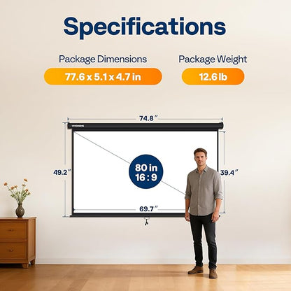VIVOHOME 80 Inch 16:9 Pull Down Projector Screen, HD 4K Retractable Movie Screen - Image 8