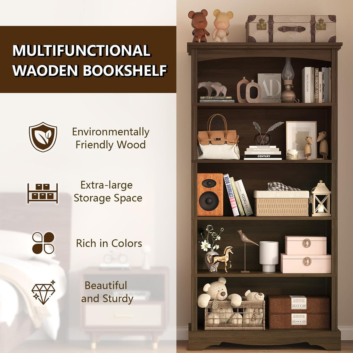 TVU 5-Tier Wooden Bookshelf, 31.5" W x 65" H ×9.9" D Bookshelf...