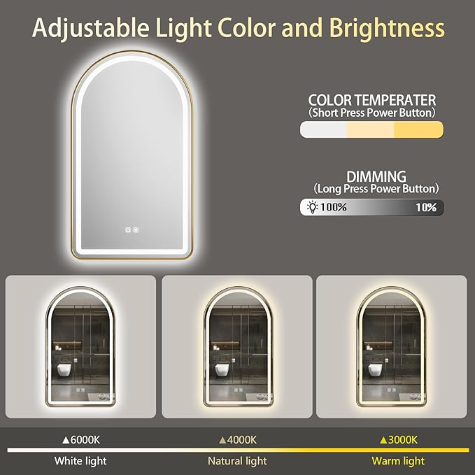 30x40 inch Gold Tempered Glass LED Arched Mirror - Image 5
