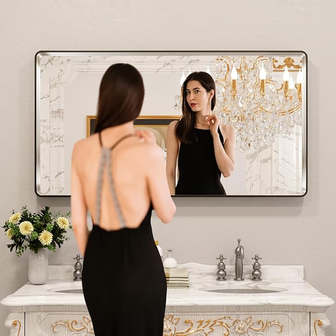 LOAAO 55X30 Inch Brushed Nickel Bathroom Mirror, Rounded Rectangle Silver Metal - Image 2