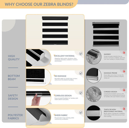 Boolegon Cordless Zebra Blinds for Indoor Windows,Black,58" Wx56 H | Dual Layer Light Control for Day and Night,Heat insulation UV Protection Free Stop Window Shades for Home, Easy to Install