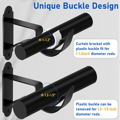TOKPLNU Curtain Rod Bracket, Heavy Duty Curtain Rod Holders, Black Rod Hooks Hangers Drapery Single Decorative Rods Wall Brackets for 1 Inch Drape Poles, 4 Pack