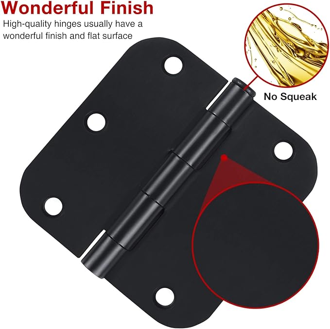3 Pack Interior Matte Black Door Hinges Rounded 3.5 Inch x 3 1/2" Indoor Heavy - Image 2
