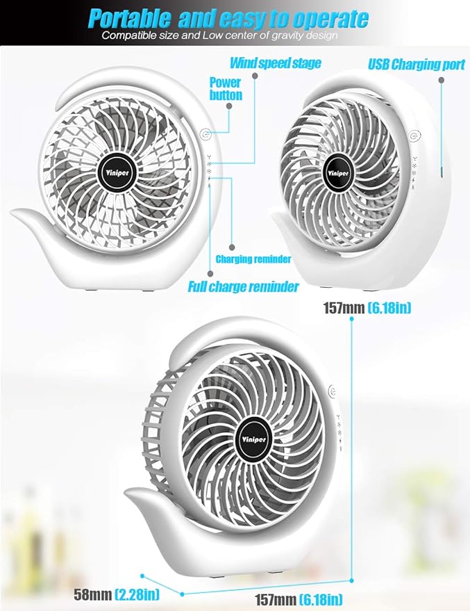 Viniper Portable Rechargeable Fan, Small Desk Fan : 3 Speeds & about 8-24 Hours - Image 5