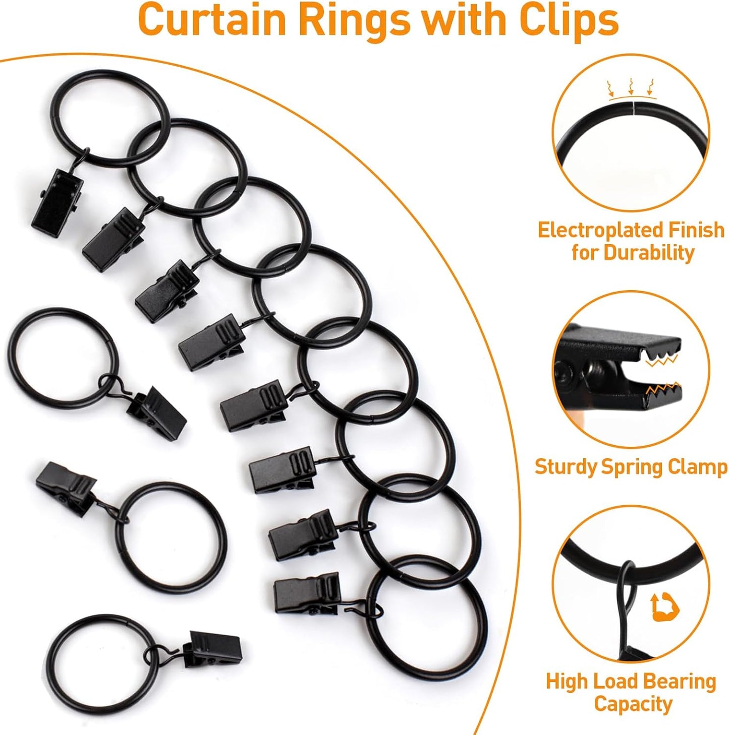 Ninsula 26 PCS Curtain Rings with Clips, Curtain Hooks for Drapes, Curtain Clips with Rings 1.26” Interior Diameter, Black Curtain Rings Fit up to 1 inch Curtain Rod