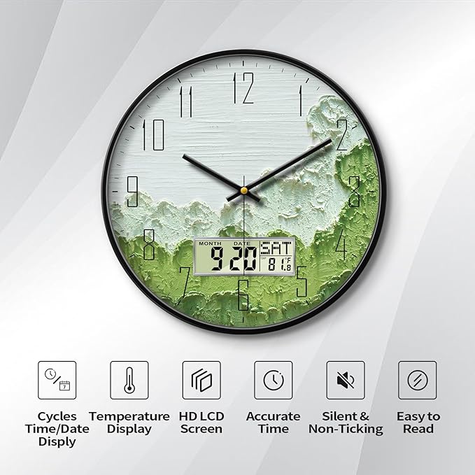 SCOAGE Modern Wall Clock with Temperature Green Forest Large Display - Image 2