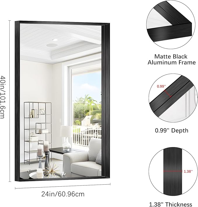 Black Bathroom Mirror, 40x24 Inch Rectangular Framed Mirror, Large Wall Mounted - Image 7