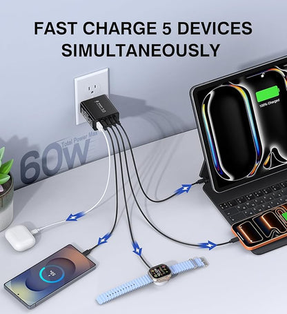 USB C Wall Charger, 60W Type C Charger Block 5-Port Fast Charging Blocks - Image 2