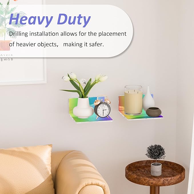 6 Inches Iridescent Acrylic Wall Shelves Set of 2, Wall Mounted Storage Display - Image 3