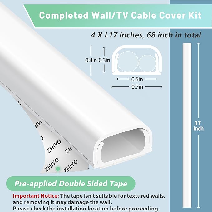 Wire Covers for 2 Cords, 68in Wire Hider on Wall Mounted, Cable Cover Cable - Image 3