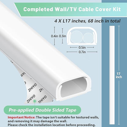 Wire Covers for 2 Cords, 68in Wire Hider on Wall Mounted, Cable Cover Cable - Image 3