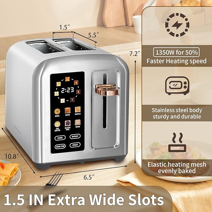 SEEDEEM Toaster 2 Slice, Full Touch Control Stainless Toaster, LCD Display - Image 2