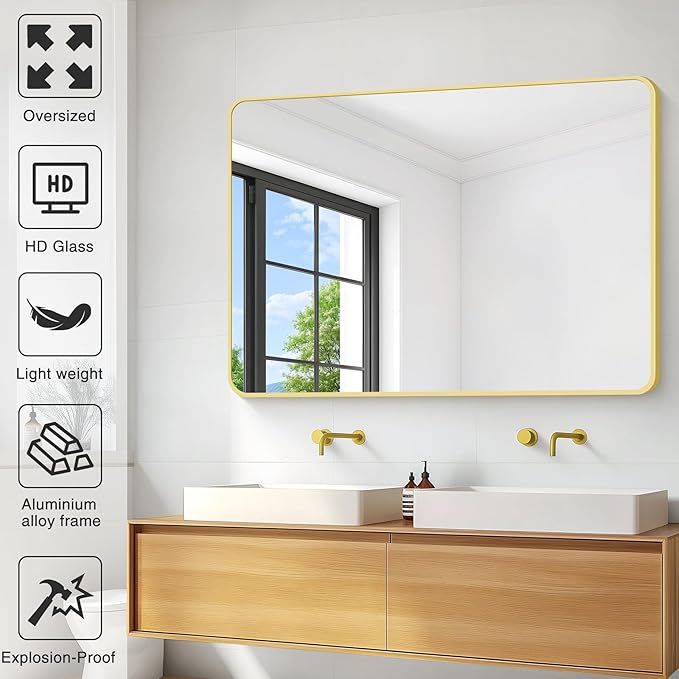 36"x48" Bathroom Mirror, Large Rectangular Wall Mirror, Rounded Corner Vanity - Image 3