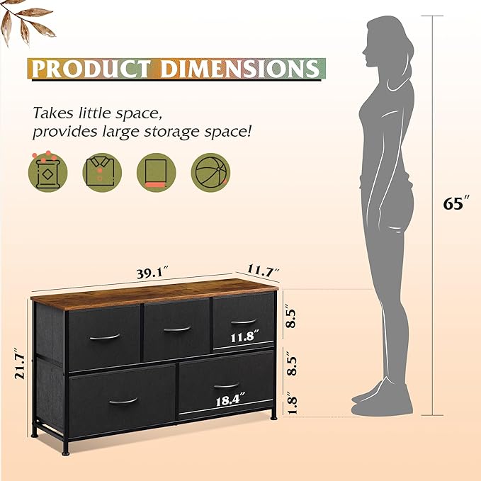 WLIVE Dresser for Bedroom with 5 Drawers, Wide Chest of Drawers, Fabric Dresser - Image 3