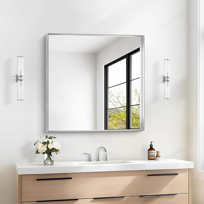 Silver Bathroom Mirror, 30x30 Inch Rectangular Framed Mirror, Large Wall - Image 2