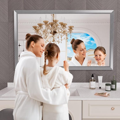 Amorho 60x36 Inch Bathroom Mirror Silver, Thick Metal Framed Wall Mirrors - Image 6