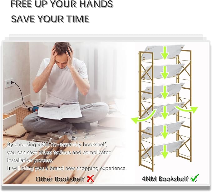4NM 6 Tiers No Assembly Book Shelves, 61.8" H Folding Bookshelf Bookcase Open - Image 7