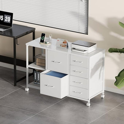 6 Drawer File Cabinet with Charging Station Rolling Printer Stand with Open - Image 2